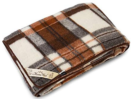 Merino Wool WOOLMARKED NATURAL BLANKET Sofa Bed BROWN CHECK king size BLANKET 200 x 200 cm NEW. NATURAL PRODUCT