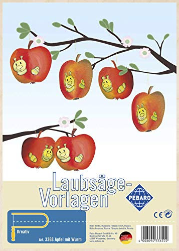 Pebaro 336S Laubsägevorlage Apfel mit Wurm, Äpfel Baumschmuck, 3mm Sperrholz DIN A 4, Motiv vorgedruckt, aussägen m. Laubsägebogen, basteln, anmalen, fertig, Lausägen, Basteln mit Holz, Geschenkidee