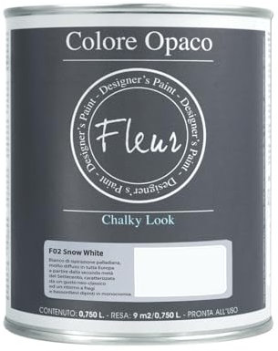 FLEUR DESIGNER'S PAINT | Pittura Chalk Paint Opaca, 750 ml, Senza Carteggiare, Multisuperficie, Colore F02 Snow White, Effetto Gesso, Per Pareti e Mobili, Extra Opaco, Ad Acqua, Made in Italy