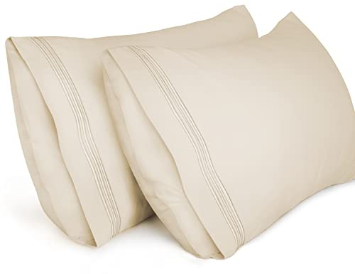 Lirex Pillow Cases (2 Pack), 1800 Thread Count Embroidered Queen Size Soft Brushed Microfiber Pillowcases, Machine Washable Wrinkle Free Breathable, Queen (50x75 cm)，Beige