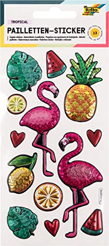 folia 19704 - Pailletten - Sticker IV mit Flamingo Motiven, metallisch schimmernde Kunststoffsticker, 13 Stück, ideal geeignet zum Verzieren von Grußkarten, Bastelarbeiten und Scrapbooking