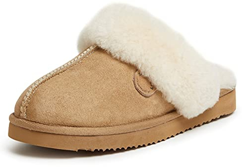 Dearfoams Women's Fireside Sydney Shearling Fur Indoor/Outdoor Scuff Slipper with Wide Widths, Sand, 8
