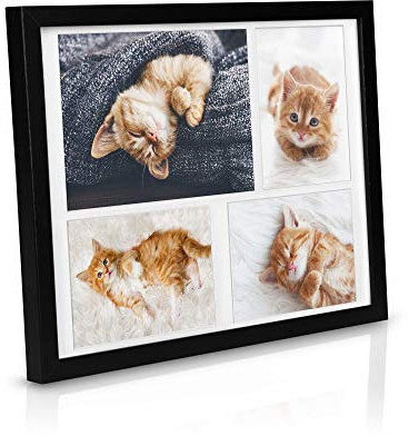 bomoe Bilderrahmen Collage für 4 Fotos aus Holz mit Metall-Aufhängung | 10x15cm & 15x21cm Schwarz Kunststoffglas & Passepartout Multirahmen für Set Fotorahmen Picture Photo Frame Galeria