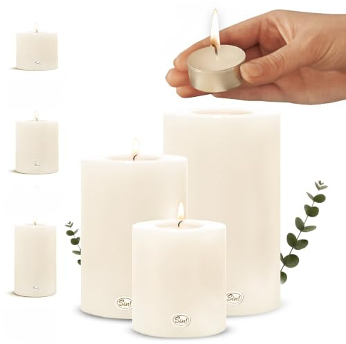 Sin!® 3er Set Teelichthalter & Dauerkerze Trend Ø 6cm H 6cm/8cm/12cm weiß - Die Kerze die Nicht schmilzt! Kunststoff-Kerze mit Teelichteinsatz (Made IN Germany) - Teelicht-Kerzenoptik selbstlöschend