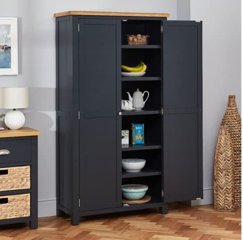 Cotswold Charcoal Grey Painted Double Shaker Kitchen Pantry Cupboard – Natural Oak Top, Adjustable Shelves, Brushed Steel Handles - H 1900mm x W 1000mm x D 450mm
