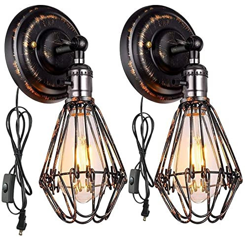 TZSMUM Schwarz Gold Retro Wandleuchte mit Schalter und Stecker Wandlampe Innen Industrial E27 Wohnzimmer Wand Leselampen 240° Schwenkbar Verstellbar Metall Vintage Wandstrahler 1,8m Kabel (2 Stücke)