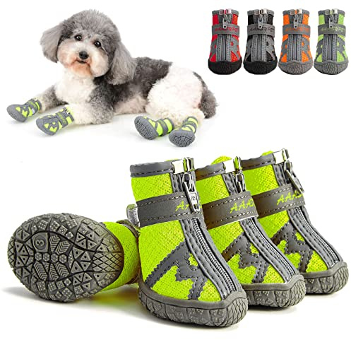 Zunea Hundeschuhe für Kleine Hunde Atmungsaktiv Netzstoff Pfotenschutz Reißverschluss rutschfest Verstellbar Reflektierend Außenbereich Stiefel mit Robuster Sohle für Haustier Chihuahua Grün 5#