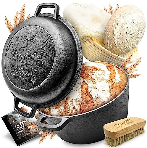 besøk Brottopf Set [inkl. Gärkorb + Bürste + Rezeptheft] Anti-Haft Patina Gusseisen Topf ⌀26 cm [5,5 Liter] zum Brot backen - Brotbackform induktionsgeeignet eingebrannt rund mit Deckel