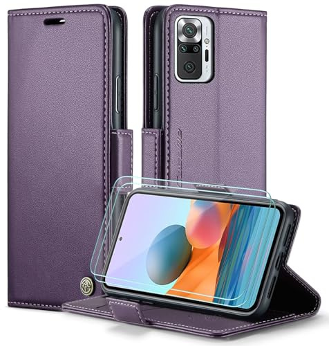 FERLAN Funda para Xiaomi Redmi Note 10 Pro 4G + 2 Piezas Cristal Templado,Compatible con Carga inalámbrica, con Bloqueo RFID, Hebilla Magnetica, Ranuras para Tarjetas,Morado