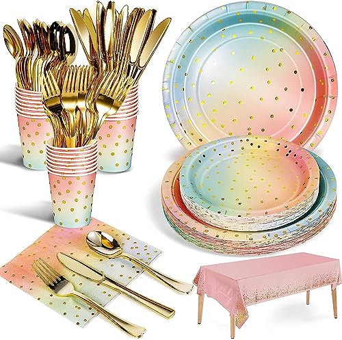 LATERN 141 Pezzi Stoviglie per Feste in Carta con Colori Arcobaleno Incluso Piatti Piani, Piatti Dessert, Tovaglioli, Tazze, Forchette, Cucchiai, Coltelli, Tovaglia - Per Festa di Dell'unicorno