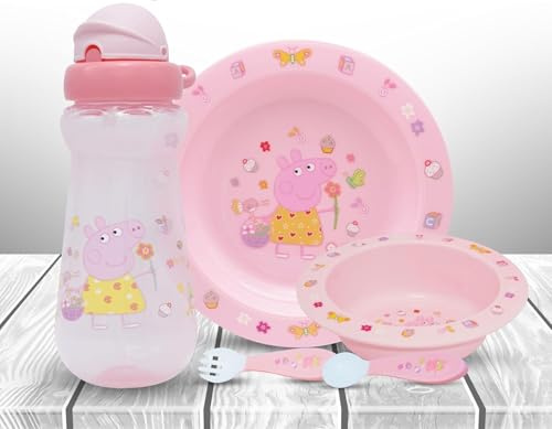 Peppa Pig Ensemble de vaisselle réutilisable 5 pièces pour la première alimentation de bébé – 340 ml avec paille en plastique, gobelet, assiette, bol, fourchette, cuillère, pour les repas de 6 ans et