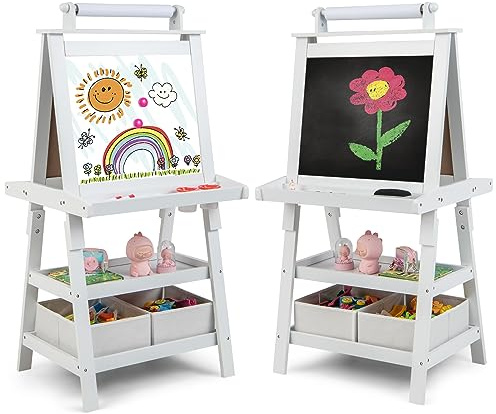 Costzon Kids Art Easel, 3 in 1 Double-Sided Painting Easel w/Magnetic Whiteboard, Chalkboard & Paper Roll, 2-Tier Storage Rack & 2 Boxes, Standing Easel for Kids Toddlers, Gift for Boys, Girls (White)
