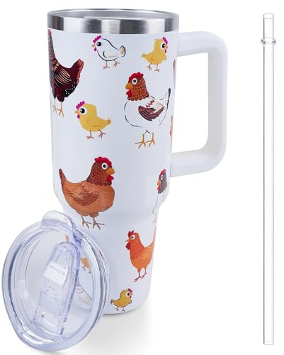 Lumumanber 1,2 l Huhn-Becher mit Griff und Strohhalm, Reisebecher, Wasserflasche, Hahn, Edelstahl, isolierter Becher mit Deckel und Strohhalm, Geburtstag, Tanksgiving Day, Weihnachtsgeschenke