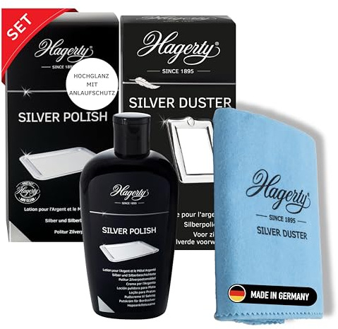 Hagerty Set Silver Polish + Silver Duster Silberputztuch mit Anlaufschutz für Silber und versilbertes Metall Vasen Rahmen I Effiziente Silber-Politur und Silber-Poliertuch für erneuerten Glanz