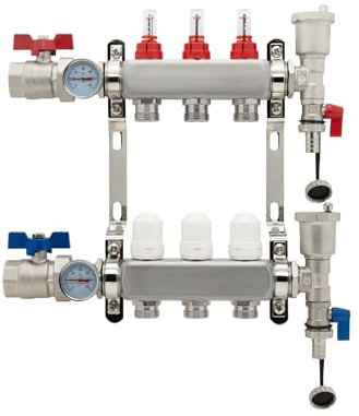 Vancoco 3-Port Stainless Steel Manifold Set, with Flow Meter, Auto Air Vent and 1 Ball Valves, Complete Underfloor Heating Kit