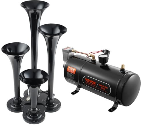 VEVOR Zughupen-Set, 4 Trompeten-Lufthupen-Set, 150 dB Zughupen für Pickup-Trucks, 12 V 120 psi Luftkompressor, 3 L Tank mit Manometer für jedes 12 V Fahrzeug, Auto, LKW, Zug, Van, Boot usw. Schwarz