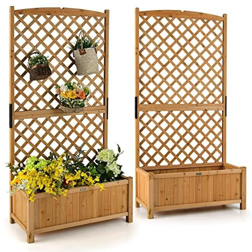 RELAX4LIFE Jardinière Surélevée Bois avec Treillis en Losange et Trous de Drainage, Jardinière sur Pied pour Plantes Grimpantes (Jaune, 90x45x181cm | Sapin)
