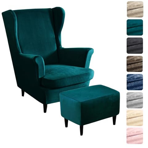 Alishomtll 3 Teilig Ohrensessel Überzug Mit Ottomane Schonbezug Stretch Samt Sessel-Überwürfe Elastisch Einfarbig Sesselhusse Strandmon Tiger Stuhlbezug mit Armlehne Hohe Rückenlehne (Turquoise)