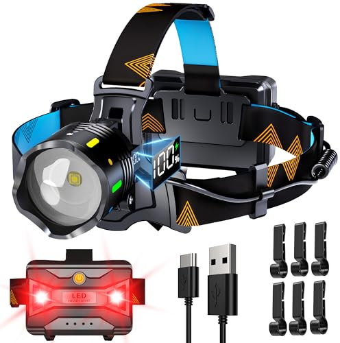 160000 Lux 11 Modalità Torcia Frontale Rosso Avviso e Sensore, 10500mAh 125° Lampada Frontale Regolabile e Zoomabile, Torcia Frontale Led Ricaricabile Impermeabile IP44 per Outdoor Pesca Trekking