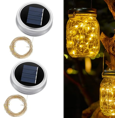 ACAREY 2 Stück Solarleuchten Ersatzteile, Solar Ersatzdeckel 7cm Einmachglasdeckel Solarleuchten Ersatz Top Mit LED, Wasserdicht Solar Laterne Ersatzteile Für Solarlaterne, Solar Gartenleuchten