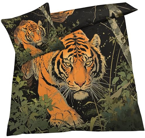 YELDAN Bettwäsche 140x200 Tiger, Dschungel Tiere Bettbezug, Bettwäsche-Sets 2 teilig, Weich & Bügelfrei Mikrofaser Wendebettwäsche und 1 Kissenbezug 80x80 mit Umschlag