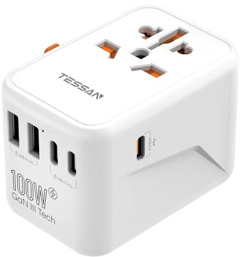 Universal Travel Adapter 100W, TESSAN International Travel Adapter with GaN Charging Ports 5 USB(3 USB C), Power Adaptor Worldwide for US to European EU UK Ireland AUS USA Germany (Type C/G/A/I)