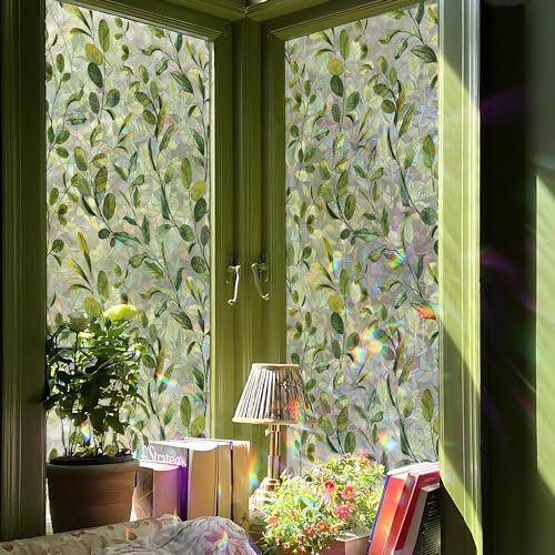 Funlife 43x100cm Fensterfolie Blickdicht Statische Fensterfolie, Buntglas Regenbogen Dekorfolie, Grün Aquarell Eukalyptusblätter für Badezimmer, Küche, Schlafzimmer