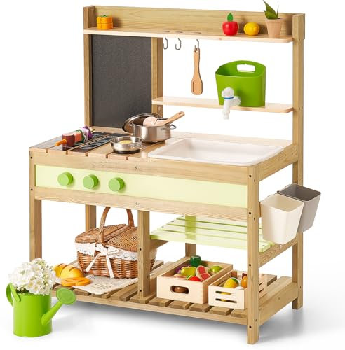 Cuisine boueuse Enfant Bois 3-8 Ans - Jeu extérieur/intérieur avec évier à Eau - Version améliorée(Vert-m.)