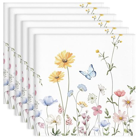 Arquiel Serviettes de Table Lot de 6, Serviettes en Tissu 100% Coton Fleurs Sauvages Doux et Confortable Réutilisables Serviettes pour Le Dîner en Famille Mariage Cocktail Cuisine(45cm×45cm)