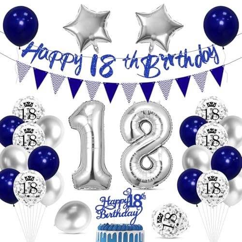 Cadimus 18. Geburtstag Deko,Happy Birthday Ballon Dekoration,18 Geburtstag Blau Silber Luftballons,Happy Birthday Folienballon 18, 18 Jahre Männer Frauen Party Deko