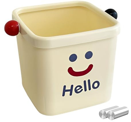 IBEQUEM Mini Desk Trash Bin,Uncovered Small Garbage Box with 5 Rolls of Liners,Portable Pressure Ring Rubbish Can for Office, Bedroom, Car, Kitchen