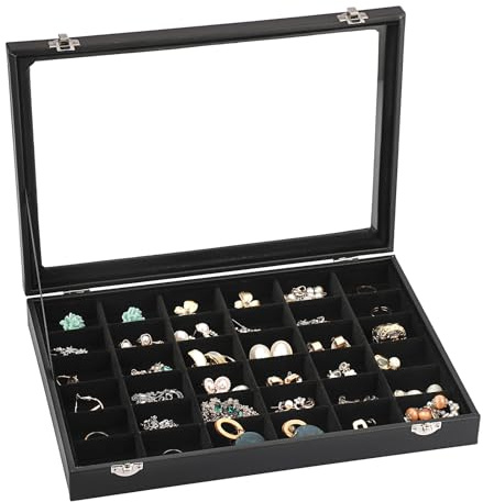 BTSKY Rektangulär förvaringslåda med 36 rutnät, med genomskinligt lock för smycken, stensten – svart PU + träförvaring displaybox monter med sammetsinsida för geoder, mineralagat, fossil korall