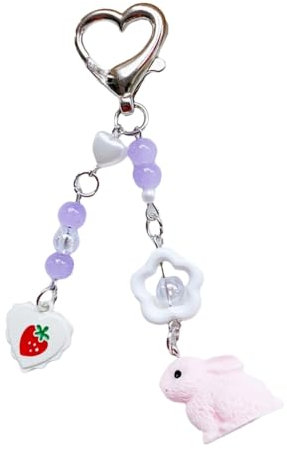 Ruarby Trendiger Handyanhänger aus Acryl mit Erdbeer-Hasen-Motiv, modisches Accessoire zum Personalisieren von Geräten und Taschen, Colorful love buckle, Stoff / Federn