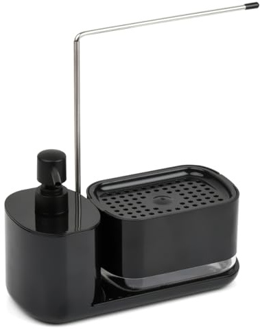 TIMESETL Spülmittelspender Küche Set Spülbecken Organizer Schwarz Seifenspender Küche Waschbecken Organizer Küche Mit Waschmittel Aufbewahrung, Schwammhalter, Lumpenständer