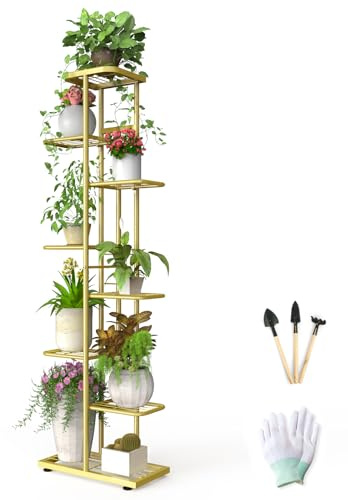 MAIJIAJU Soporte de metal para flores de 8 niveles con herramientas de jardín y guantes, 141 cm, estantería para plantas, para interior y exterior, varios soportes para plantas, para balcón, jardín