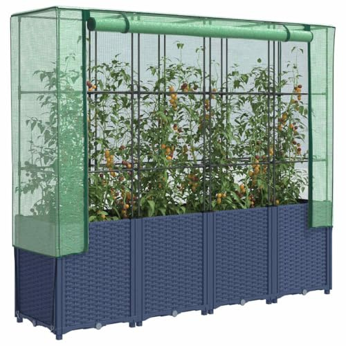 QJBSAVVA Hochbeet mit Gewächshausaufsatz 160x40x153 cm Rattan Optik aus PP Material mit Eisenrohr Rahmen und PE Abdeckung für Garten Balkon Terrasse