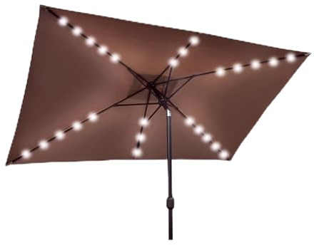 Parasol de patio rectangulaire de 2,5 x 3 m avec manivelle et bouton-poussoir d'inclinaison pour extérieur avec 26 lumières LED solaires, parfait pour la plage, le jardin, la terrasse