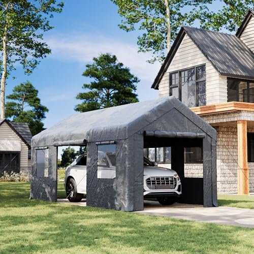 10x20ft Heavy Duty Carport, Reinforced Frame, Weatherproof Canopy with Roll-up Ventilated Windows & Sidewalls, Easy Assembly Portable Car Shelter for Garage/Storage/Party