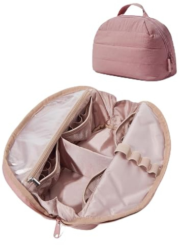 BAGSMART Puffer Sminkväska dam, bärbar vikbar sminkväska, vadderad sminkväska, vattenavvisande toalettväska för toalettartiklar och borstar, Mörkrosa, Fashion