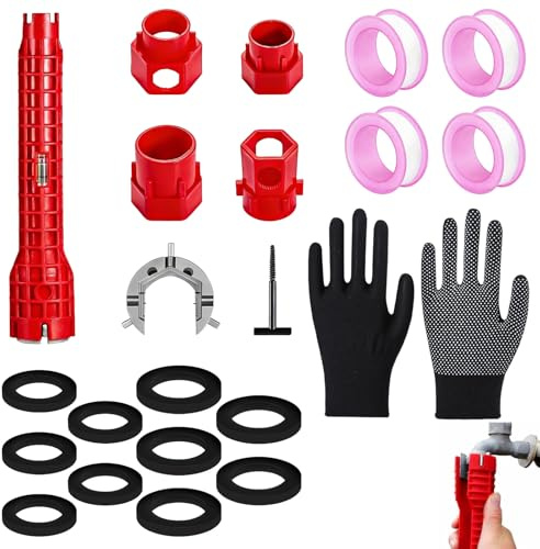 WUERKIYA 14-in-1 Tap Spanner Set with Basin Wrench, PTFE Tape, Washers & Gloves – Multi-Function Sink Wrench Tool for Faucet, Valve, and Plumbing Installation – Ideal for Kitchen & Bathroom Use