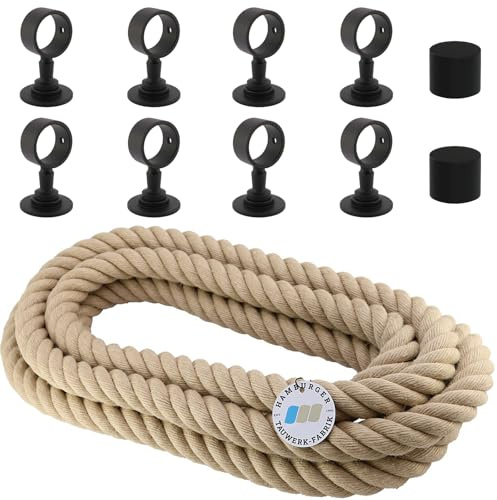 Handlaufseil-Set Ø 30 mm – 8 m Polyhanf-Seil „Nature Touch“ naturfarben mit 2 Endkappen & 8 Seilträgern, schwarz matt | Treppe & Geländer