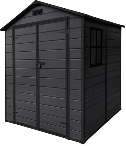 ECD Germany Gartenhaus Kunststoff mit Boden, Gerätehaus wetterfest, 5m³, 151x182x220 cm, Dunkelgrau, Geräteschuppen mit Satteldach, Fenster, Doppeltür, Belüftung, Gartenschuppen Outdoor Aufbewahrung
