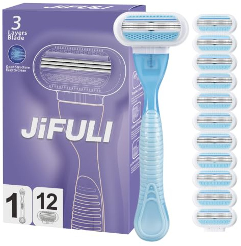 JiFULI Rakapparat dam, återanvändbart handtag, 12 originalreservpatroner med 3 blad, rakapparat damer intim räckvidd intim kvinna intim zon intim rakhyvel för kvinnor (blå)