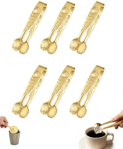 KRVNTH 6 Pièces Pinces à Sucre et Glaçons, Acier Inoxydable Doré Poli, Antitrace et Ergonomiques pour Sucrier, Buffet et Café, Ensemble Service Hygiénique Anti-Rayures