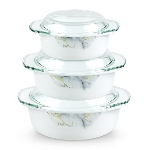 Homsmyth 3 Piece Casserole Dish with Glass Lids – 1L, 1.5L & 2.5L Ceramic Casserole Dishes, Oven Safe Baking Dishes with Lids, Microwave Safe, Serving & Food Storage Casseroles (Marble)