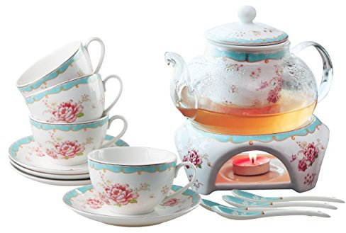 jusalpha Fine China Vintage Rose Blumen Series Kaffee cup-teacup Untertasse Löffel-Set mit Stövchen und Filter, (Rose Glas-Topf 03)