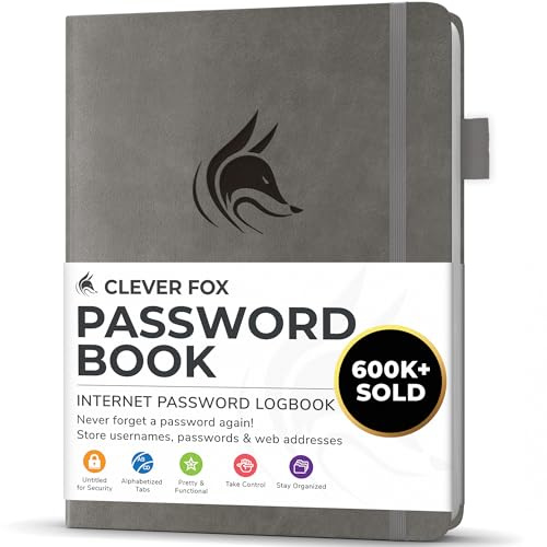 Clever Fox Passwortbuch mit Registerkarten, Kleines, Grau | Adress- und Passwort-Organisationsbuch mit alphabetischen Registerkarten - Passwortbuch für Computer- und Website-Logins