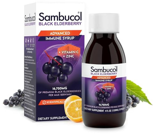 Sambucol Advanced Black Elderberry Syrup - Elderberry Syrup with Zinc and Vitamin C for Adults, Immune Support, High Antioxidants, Gluten Free - 4 Fl Oz
