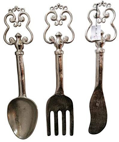 MichaelNoll Dekobesteck Besteck Wanddekoration Wand Silber Aluminium zum Aufhängen Metall - Wanddeko für Wohnzimmer und Küche - XXL 64 cm