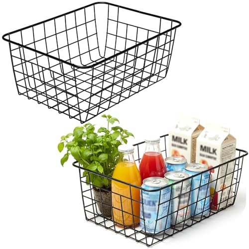 Aeggplant Kitchen Wire Baskets Farmhouse Decor Metal Food Storage Organizer, Household Refrigerator Bin with Built-in Handles for Cabinets,Pantry,Laundry Room,Set of 2 Black